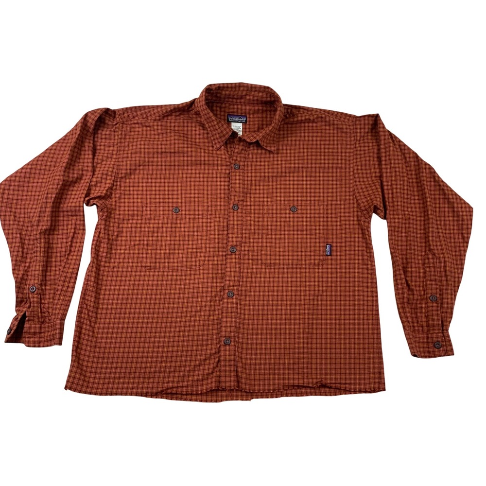 Patagonia Mens Organic Cotton Plaid Flannel Shirt Rust Orange Raw Hem 53835 L